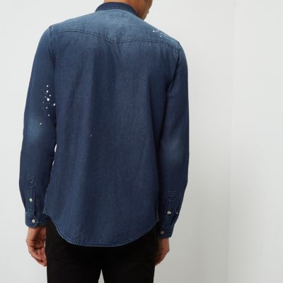 Dark blue wash paint splatter denim shirt